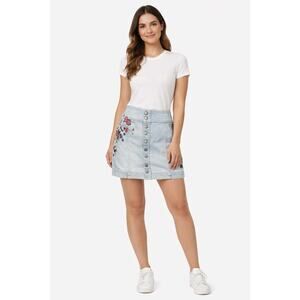 CP Jeans Floral Embroidered Denim Mini Skirt Button Front Size 5